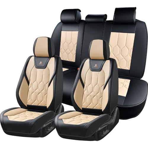 Huidasource Seat Covers Full Set, Universal Fit for Most Cars SUV Trucks, Full Coverage Leather Seat Cover, Airbag, Cupholder Compatible, Seat Function Retain, Easy Install with Velcro, Black & Beige - color: FS: Black&Beige, size: Full Set