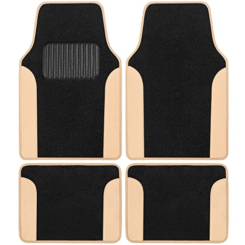 BDK Two-Tone Carpet Car Floor Mats with Faux Leather Accents, Automotive Floor Mat Set with Built-in Heel Pad, Stylish Interior Car Accessories (Beige) - color: Black & Beige