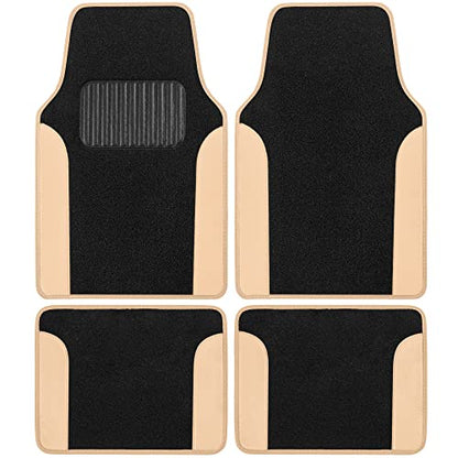PU Leather Car Seat Covers w/Two-Tone Carpet/Vinyl Trim Car Floor Mats – Front and Back Split Bench Seat Covers, Steering Wheel Cover, Floor Mats(Black/Beige) - color: Beige