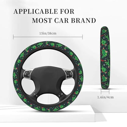 Dinosaur Dino Santa Funny Christmas Car Steering Wheel Cover,Non-Slip Elastic Neoprene-Sweat Car Accessories,Universal 15 Inch Fit Auto, Vans Trucks,Suvs, Truck - color: Dinosaurs
