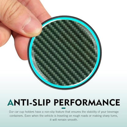 2 PCS Car Cup Coasters, Non-Slip Heat Insulation Cup Holder Liner with Luminous Edge, Anti-Scratch Reusable Insert Coaster, Universal 2.83" Round Protective Mat for Cars (Carbon Fiber Black)
