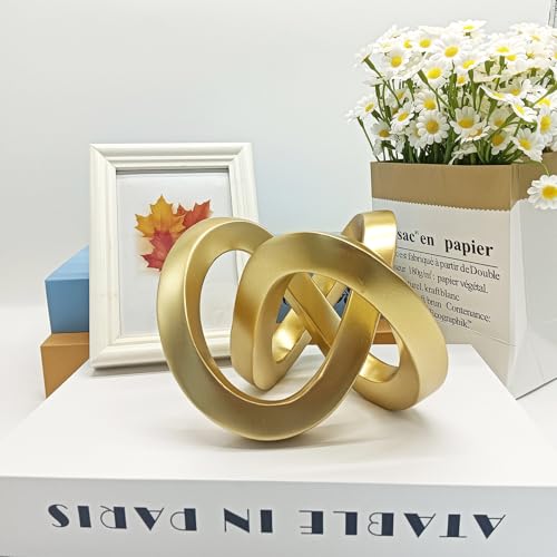 Gold Geometric Knot Sculpture - Small Resin Infinity Loop Statue, Modern Tabletop Art Object for Coffee Table, Bookshelf, Desk Decor & Home Accents