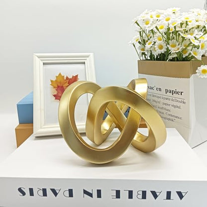 Gold Geometric Knot Sculpture - Small Resin Infinity Loop Statue, Modern Tabletop Art Object for Coffee Table, Bookshelf, Desk Decor & Home Accents
