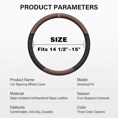 Ultra-Thin Napa Leather Steering Wheel Cover with 3D Anti-Slip Diamond Grip, Breathable Non-Bulky Design, Universal Fit 15 Inch for Cars & SUVs - color: coffee&black