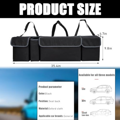 Yourkar Car Trunk Organizer, Oxford Backseat Storage Bag with 4 Pockets, Waterproof Adjustable Large Capacity Hanging Collapsible Bag for Most Vehicles, Universal Car Accessories