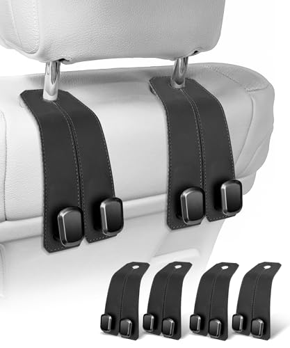 Car Hooks for Headrest, 4PCS Car Purse Hooks Luxurious Leather 100% Metal Car Hangers for Seat Multifunctional Car Bag Hook Car Seat Back Storage Hook Accessories (Black) - color: BLACK 4Pack