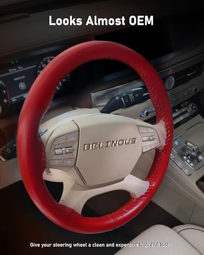 BELINOUS Leather Steering Wheel Cover Lace Up, Stitch on Steering Wheel Wrap, Universal Fit 13-20 Inch Car Truck Pickup Boat, A Whole Piece of Cowhide, DIY w/Needle Thread (Size L0, Red) - color: Red, size: L0