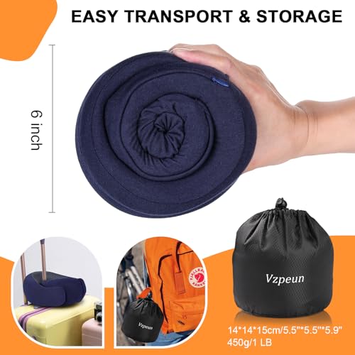 Travel Pillow - Hooded Neck Pillow Airplane Memory Foam Filling for Plane, Office, Cars Sleeping, Road Trip, Long Flights, Airplane Travel Essentials, Includes Eye Mask & Earplugs (Navy) - color: Navy