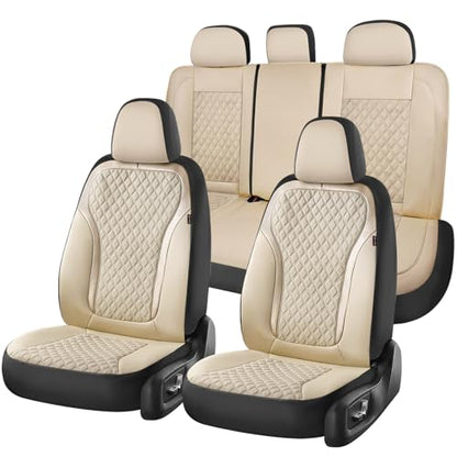 Coverado Car Seat Covers Full Set, Beige Car Seat Covers, Luxury Leather Car Seat Cover with Carbon Fiber Textured Design, Spill-Proof Seat Cushions, Automotive Seat Cover Universal Fit Most Cars - color: Beige, size: Full set