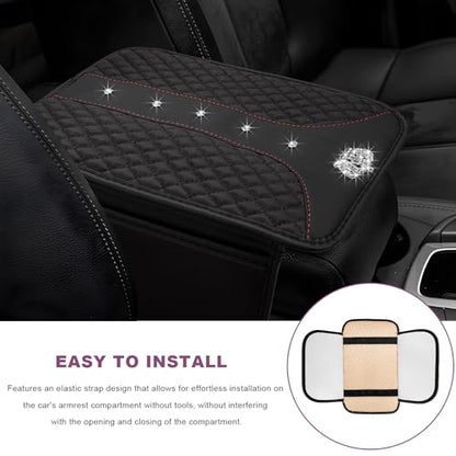 Bling Crown Car Center Console Cover, Crystal Leather Auto Armrest Box Cushion with 2 Storage Bags, Universal Crown Middle Console Cover Arm Rest Protector for Most Vehicles (Black) - color: Black