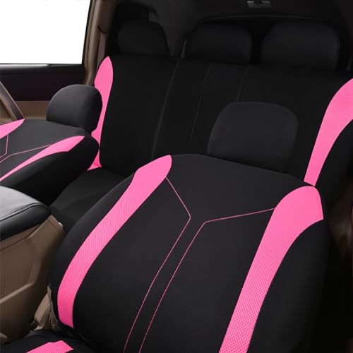 Flying Banner Car Seat Covers Full Set Front Seats and Rear Bench Mesh Fabric Splicing Polyester Cover Black with Pink Color - color: Black Pink, size: Full Set