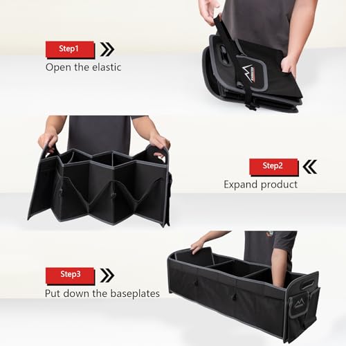 Car Trunk Organizer,Machine Washable PP Materials 3 Compartments Car Storage,95L Waterproof Polyester Cars Accessories Organizer and 6 Pockets, Suitable for SUV, Minivan, Truck(Black)