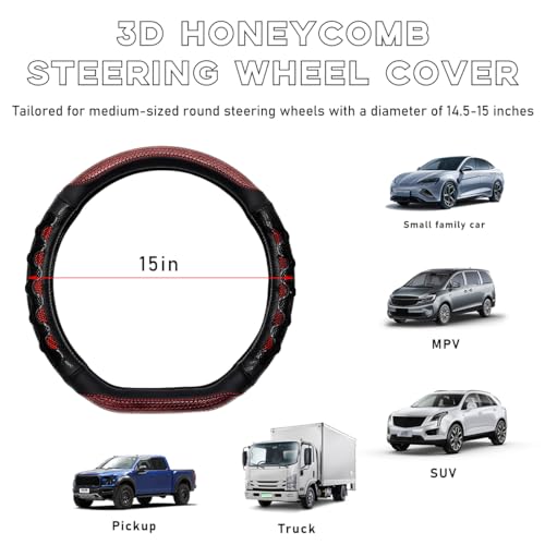 Car Steering Wheel Cover, 15 Inch Leather D-Shaped Comfy Grip Steering Wheel Protector, Anti-Slip Steering Wheel Cover with 3D Honeycomb for Most Vehicles, Car Accessories (Red) - color: D-Shape, Red