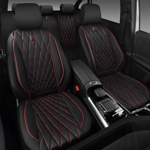 CAR PASS Piping Luxury Leather Seat Covers Full Set,5 Seats Anti-Slip Waterproof Seat Covers Compatible with Front Armrests,Universal Fit for Sendan SUV Van Truck,Airbag Compatible,Black and Red - color: Black with Red, size: Full Set