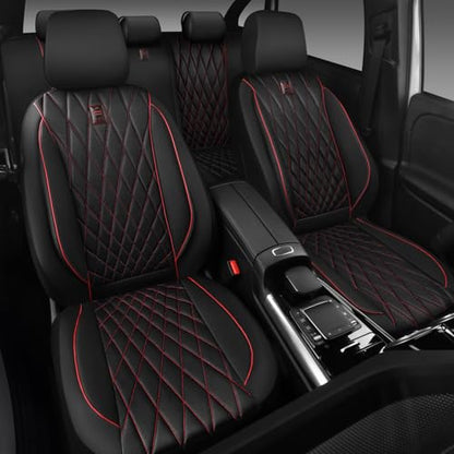 CAR PASS Piping Luxury Leather Seat Covers Full Set,5 Seats Anti-Slip Waterproof Seat Covers Compatible with Front Armrests,Universal Fit for Sendan SUV Van Truck,Airbag Compatible,Black and Red - color: Black with Red, size: Full Set