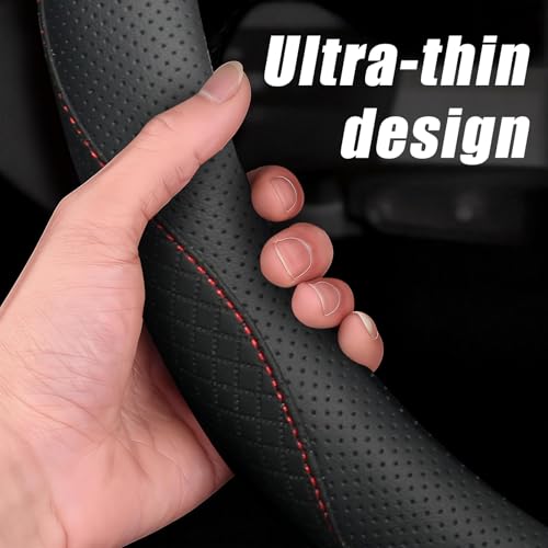Nappa Leather Steering Wheel Cover, Universal 14.5-15 inch, Anti-Slip Breathable Leather, Sporty Style, Durable Grip Car Accessory for Men Women, Black - color: black