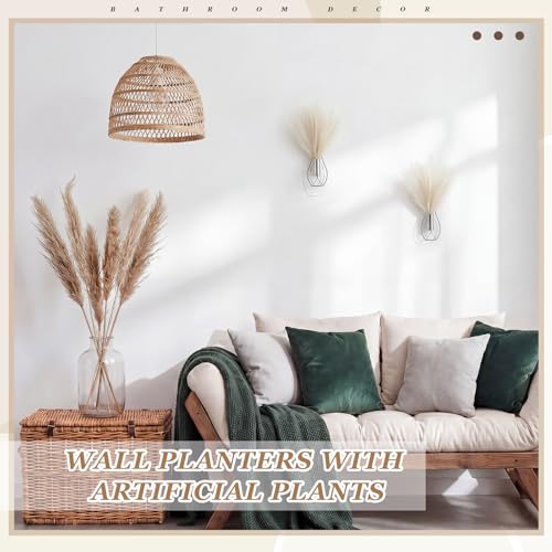 Otoolling 2 Pieces Hanging Plant Wall Decor with Artificial Pampas Grass Metal Hanging Vase Modern Geometric Farmhouse Bohemian Wall Art for Living Room Bedroom Kitchen Office (Silver, Beige)
