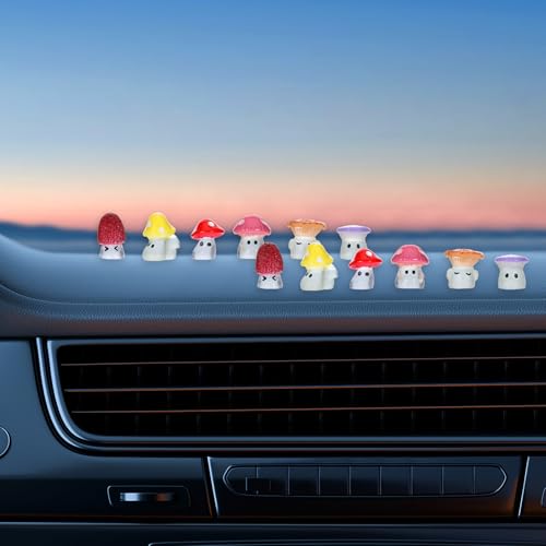 12 Pcs Mushroom Car Dashboard Decorations Mini Cute Luminous Rear View Mirror Ornament Fun Car Interior Dashboard Accessories Computer Monitor Figurines Decor for Women Girl Men Home Office