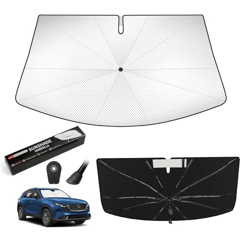 Windshield Sun Shade Umbrella Compatible with Mazda CX-5 2017-2026 Accessories,Upgraded 360° Bendable Handle & Rearview Mirror Cutout,UPF 50+ Titanium Silver Coating Car Front Window Sunshade - size: For Mazda CX-5 CX5 2017-2026