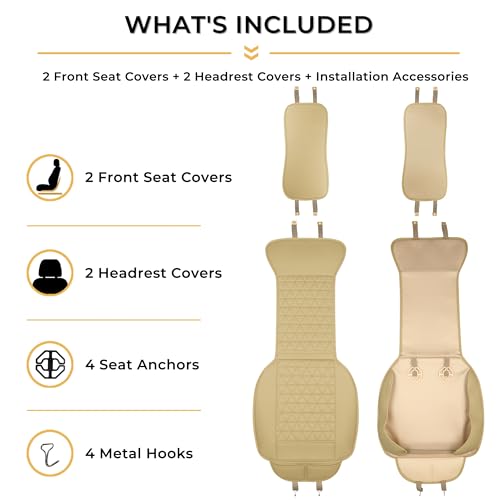 Black Seal 2-Pack Front Car Seat Covers, Faux Leather Seat Bottom Covers with Partial Backrest Protection, Side Wrap Design, Universal Fit for Most Cars, SUVs, Trucks, Vans (Beige)