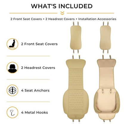 Black Seal 2-Pack Front Car Seat Covers, Faux Leather Seat Bottom Covers with Partial Backrest Protection, Side Wrap Design, Universal Fit for Most Cars, SUVs, Trucks, Vans (Beige)