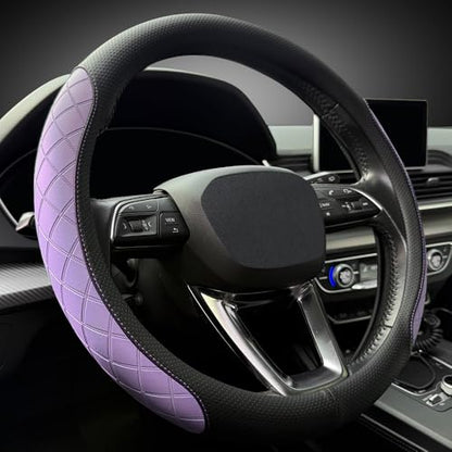 Nappa leather steering wheel cover,elegant diamond checkered design, non-slip wear-resistant, enhance driving comfort, suitable for steering wheel diameter 14 1/2‘-15’ models.Black and purple - color: Black and purple