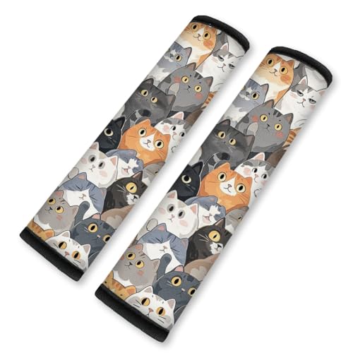 2Pcs Soft Auto Seat Belt Cover Pad Cute Cat Print Colorful Car Seatbelt Shoulder Cushion for Comfortable Driving, Compatible with All Cars' Seatbelt and Backpack Straps