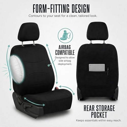 FH Group Full Set Cloth Car Seat Covers, Universal Fit Front and Split Bench Rear, Airbag Compatible, Washable for SUV, Sedan, Van - Black - color: Black