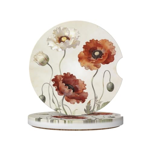 Red White Flowers 2 Pack Car Cup Holder Coasters Absorbent Ceramic Drink Coasters 2.56" Universal Anti Slip Cup Mat with Cork Base and Finger Notch Auto Accessories Interior for Women Men - color: Yellow