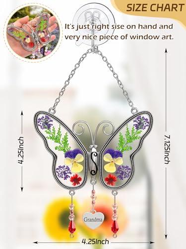 Butterfly Suncatcher Grandma Stained Glass Sun Catcher for Windows Hangings Ornament with Pressed Real Flower Wings in Glass and Metal Heart Charm Birthday Gift for Women Mothers Day Christmas - style: Grandma