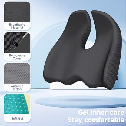 Benazcap Large Cooling Gel Seat Cushion for Office Chair Ergonomic Cushions-Gel & Memory Foam Coccyx Butt Pillow for Sciatica & Back Pain Relief for Long Sitting for Gaming Chair and Car Seat-Black