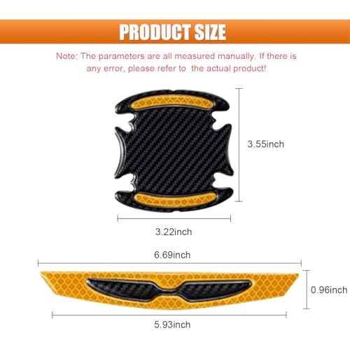 BDZMC 8PCS Car Door Handle Protector Stickers, 3D Carbon Fiber Paint Guard Cover, Outdoor Safety Warning Reflective Protective Films, Car Door Handle Scratch Protector for Most Cars (Yellow)