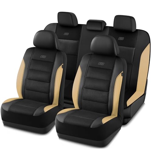 Skechers Aircooled & Memory Foam Seat Covers,Premium Leather with EVA Mesh Car Seat Covers,Seat Cover Full Sets,Airbag Compatible Automotive Comfort for Most Cars, Vans, Trucks, SUV,Beige - color: Black/Beige, size: Full Set