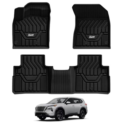 3W Floor Mats for 2021-2025 2026 Nissan Rogue Custom Fit TPE All Weather Rogue Floor Liner Full Set 1st & 2nd Row Car Mats - Black (NOT for Sport) - size: 1.Rogue|21-26|Floor Mats (New)