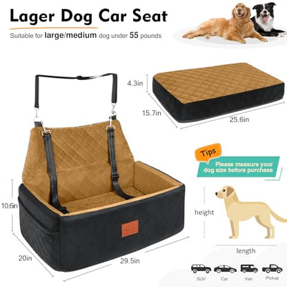 Dog Car Seat for Large Medium Dogs,Washable Pet Car Seat Under 55 lbs or 2 Small Dogs,Dog Booster Seat with Thick Cushion,2 Safety Leashes Travel Car Dog Bed - color: Black/brown