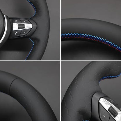 MEWANT Hand-Stitched Steering Wheel Cover for BMW (M Sport) F22 F23 F30 F34 F32 F33 F36 F10 F07 F12 F13 F06 F39 F25 F26 F15 F16, DIY Custom Fit Steering Wheel Wrap for BMW - color: 17:hive style leather + 3m thread