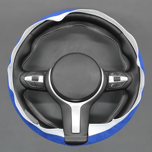 MEWANT Hand-Stitched Steering Wheel Cover for BMW (M Sport) F22 F23 F30 F34 F32 F33 F36 F10 F07 F12 F13 F06 F39 F25 F26 F15 F16, DIY Custom Fit Steering Wheel Wrap for BMW - color: 15:3D blue IT-ALCAN & white leather