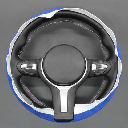 MEWANT Hand-Stitched Steering Wheel Cover for BMW (M Sport) F22 F23 F30 F34 F32 F33 F36 F10 F07 F12 F13 F06 F39 F25 F26 F15 F16, DIY Custom Fit Steering Wheel Wrap for BMW - color: 15:3D blue IT-ALCAN & white leather