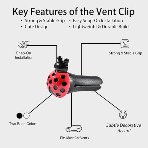 6-Pack Ladybug Car Vent Clips, Cute Insect-Shaped Dashboard Vent Decorations, Car Interior Accessories for Cars, Trucks & SUVs (Black, Unscented)