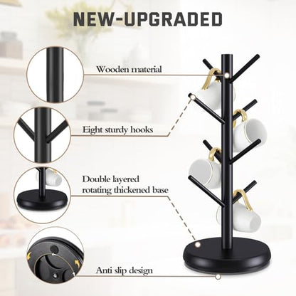 Bamboo Mug Holder Tree - Upgraded 360° Rotating 8 Hooks Coffee Cup Rack, Sturdy No-Tool Assembly Counter Organizer for Mugs, Jewelry & Accessories, Eco-Friendly Wood Stand(Black) - color: Black