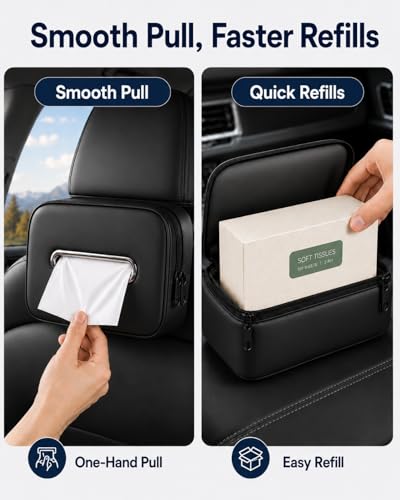 Leather Car Tissue Holder, Extra Large Tissue Holder for Car, Fits 120–230 Count Rectangular Tissue Boxes, Wider Opening for Easy Access, Dual Zipper for Headrest,Console,Seat Back (Black)