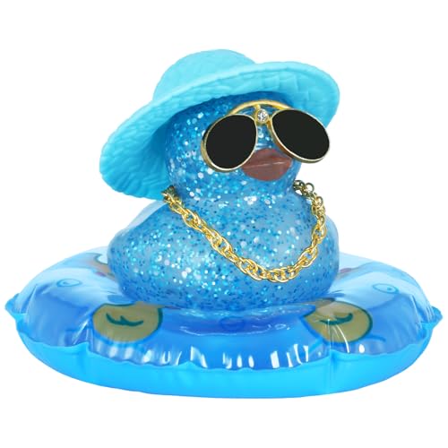 Blue Glitter Rubber Duck Car Ornament with Blue Glossy Round Hat, Gold Necklace, Diamond Sunglasses & Blue Swim Ring - Squeaky Mini Rubber Ducks for Adult Gifts, Dashboard Decorations Duck - color: Style18