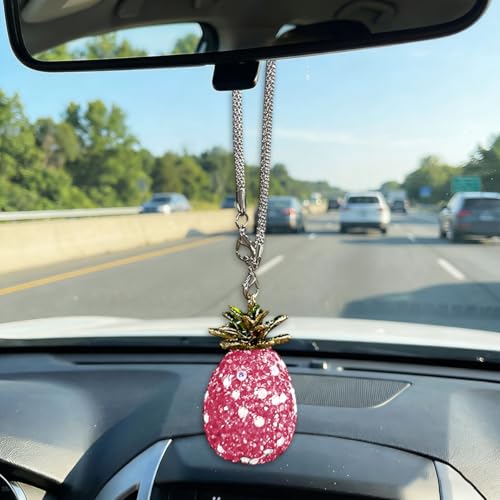 Craedli Bling Pineapple Car Hanging Ornament, Sparkly Rhinestone Automotive Rear View Mirror Charm, Cute Car Mirror Pendant, Universal Vehicle Interior Decorative Accessories for Women (Pink) - color: Pink