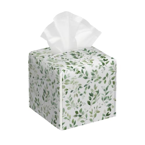 Tissue Box Cover PU Leather Square Tissues Holder Sage Green Botanical Eucalyptus Leaves Decorative Facial Paper Organizer Dispenser for Bedroom Bathroom Vanity,Home Office Car - color: Green White