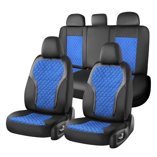 Coverado Seat Covers Full Set, Luxury Diamond Leather Car Seat Cover with Carbon Fiber Textured Design, Waterproof Car Seat Protector, Black&Blue Front and Rear Seat Covers Universal Fit Most Cars - color: BlackBlue, size: Full set