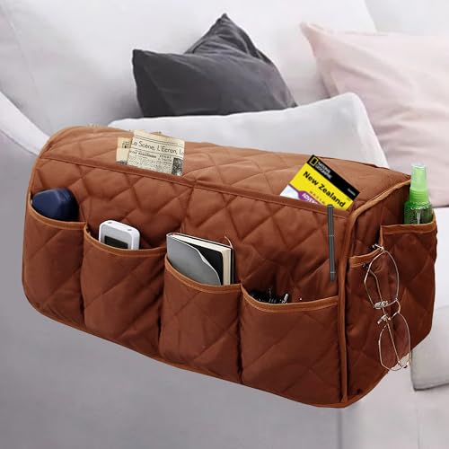 MEHIDFY Armchair Caddy, Waterproof Sofa Armrest Organizer, Non Slip Recliner Organizer, Remote Holder for Recline, Recliner Caddy with 14 Pockets Storage for TV Remote, Phone, Magazine (Brownish Red) - color: Brownish Red