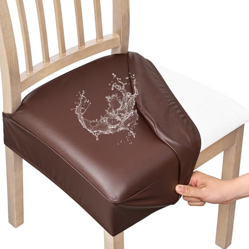 Smiry Waterproof Pu Leather Seat Covers for Dining Room Chairs Set of 4, Stretch Fit Removable Washable Kitchen Chair Seat Slipcovers Protector, No Rear Covers, Coffee - color: Coffee, size: Set of 4