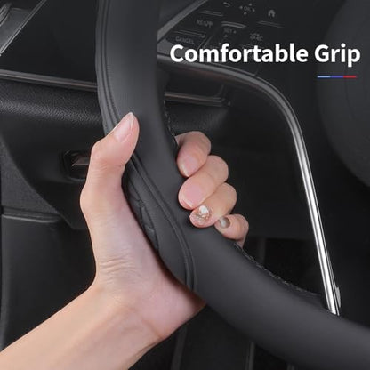 Leather Steering Wheel Cover Compatible with Volkswagen VW Tiguan Atlas ID.4 Taos Golf Passat Jetta Polo Beetle Touareg Cross Sport D Shaped Steering Wheel Accessories, Black 2026