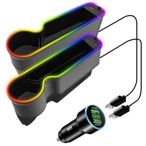 7 Color Led Car Seat Gap Organizer with 56W Type C USB Charging Multifunctional Front Seat Organizer with Cup Holder Console Organizer Seat Gap Filler with Vibe Lamp for Andriod iPhone Grey