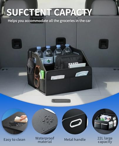Car Storage Basket, Foldable with Removable Dividers, PU Leather Seat Organizer with Metal Handle, Non-Slip Stable Design, Passenger Front Seat Storage for Back Seat & Floor, 12.6 Inches